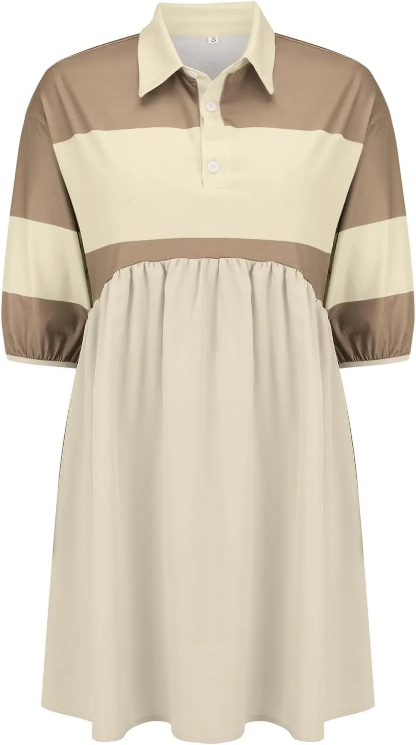 Womens Summer Babydoll Dresses Oversized Casual Short Sleeve Color Block Collared V Neck Flowy Shirt Mini Dress Plus