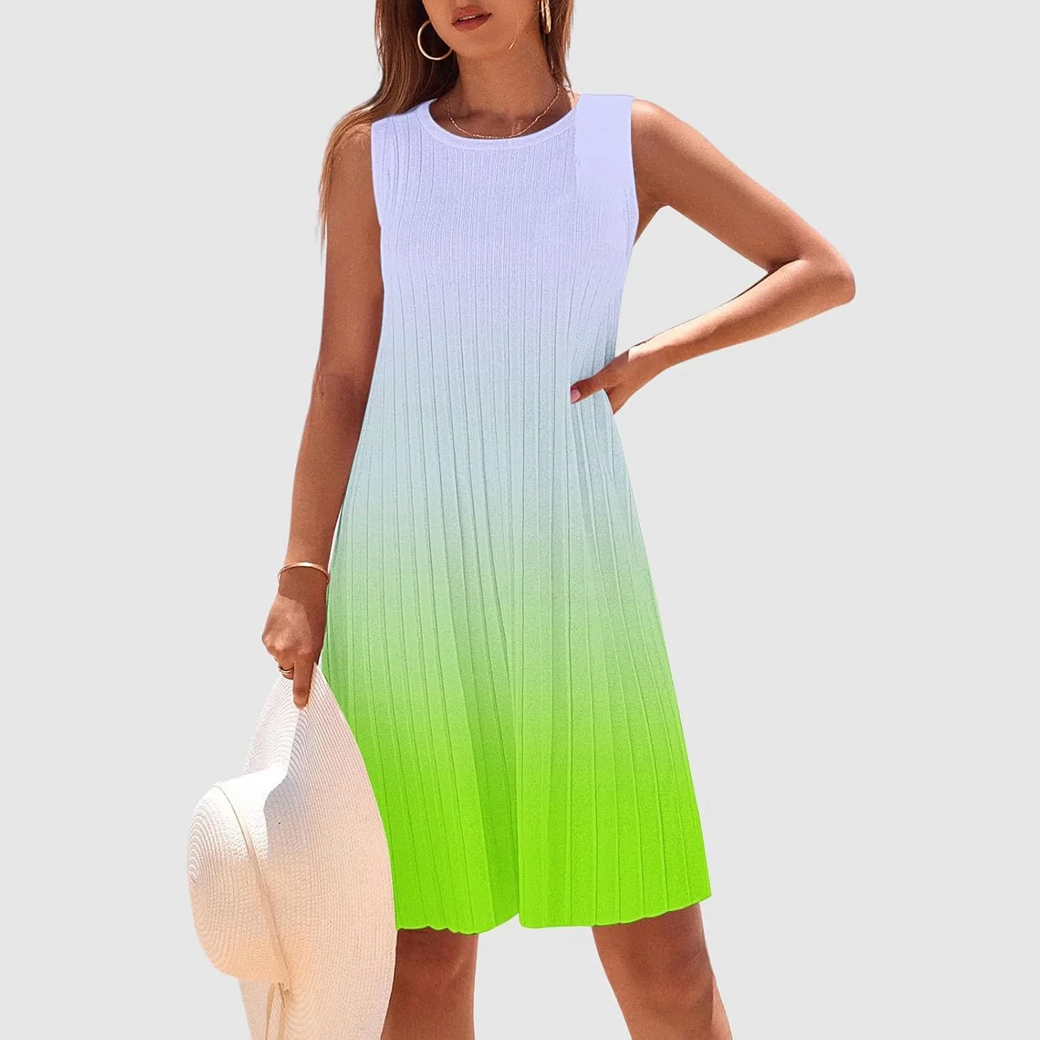 Womens Summer Tie-dye Sleeveless Dress Crewneck Floral Loose Tank Pleated Swing Flowy Dresses Casual Sun Dress