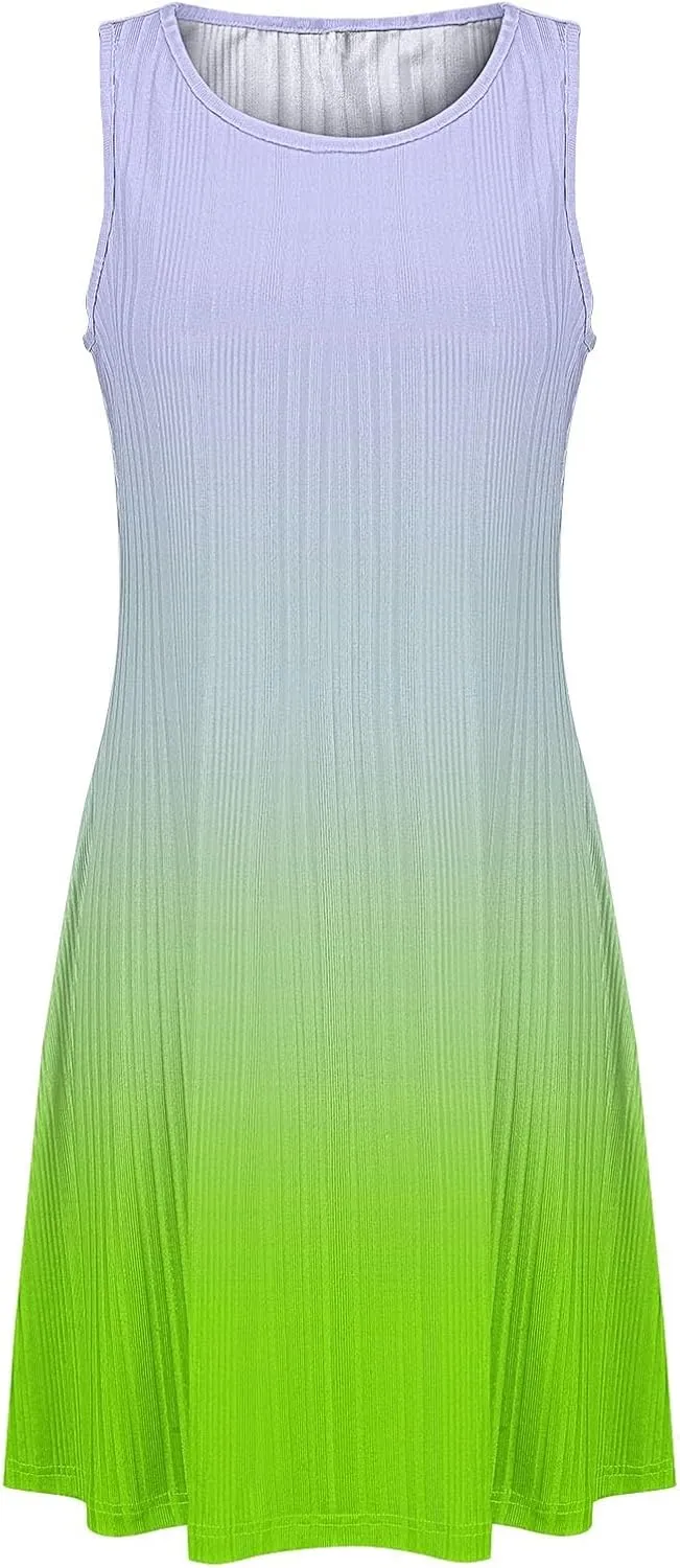 Womens Summer Tie-dye Sleeveless Dress Crewneck Floral Loose Tank Pleated Swing Flowy Dresses Casual Sun Dress