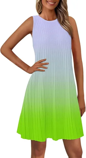 Womens Summer Tie-dye Sleeveless Dress Crewneck Floral Loose Tank Pleated Swing Flowy Dresses Casual Sun Dress