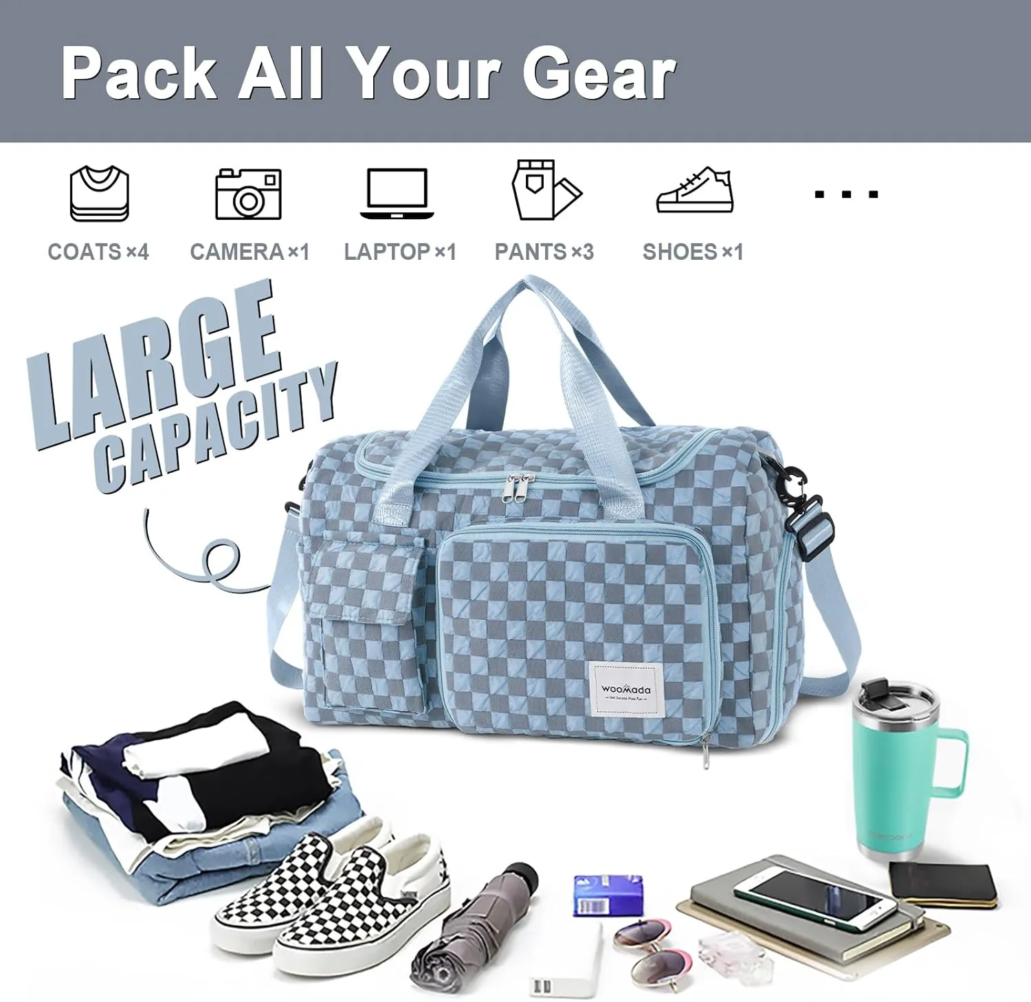 WOOMADA Foldable Travel Duffel Bag with Shoes Compartment, Overnight Bag with Wet Pocket & Trolley Sleeve, Weekender Bags for Women, blue checkerboard