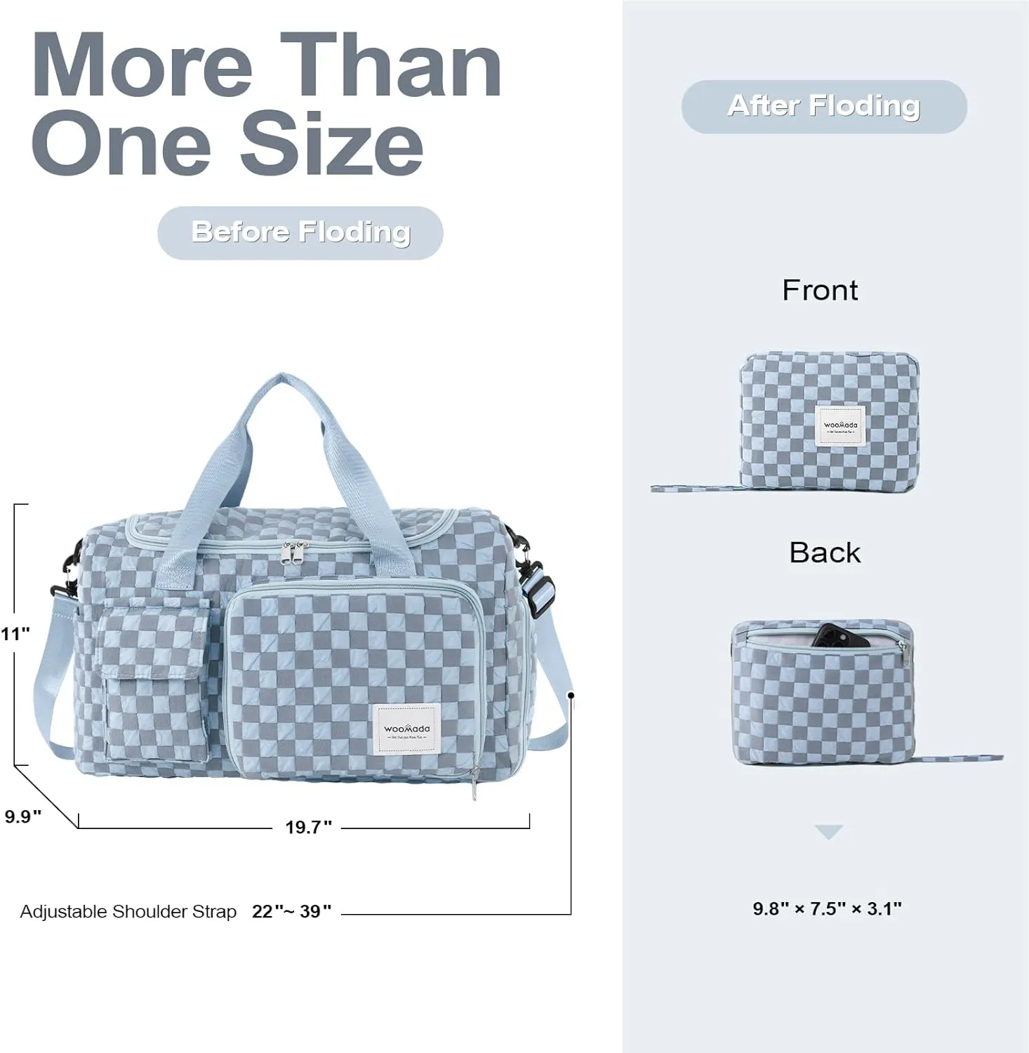 WOOMADA Foldable Travel Duffel Bag with Shoes Compartment, Overnight Bag with Wet Pocket & Trolley Sleeve, Weekender Bags for Women, blue checkerboard
