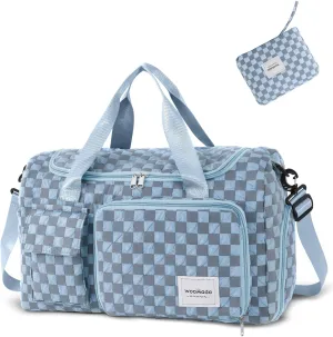 WOOMADA Foldable Travel Duffel Bag with Shoes Compartment, Overnight Bag with Wet Pocket & Trolley Sleeve, Weekender Bags for Women, blue checkerboard