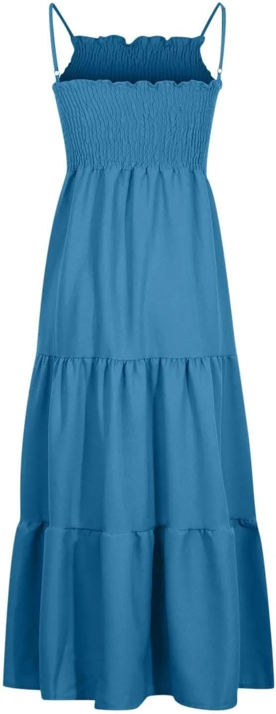 XOWRTE Women's Summer Maxi Dress 2025 Casual Boho Sleeveless Spaghetti Strap Smocked Tiered Long Beach Vacation Sundresses