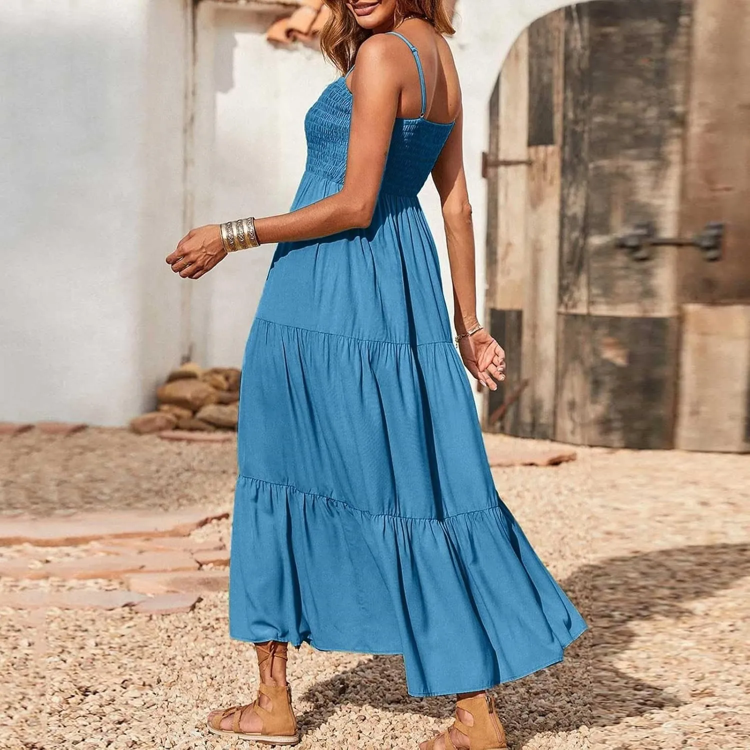 XOWRTE Women's Summer Maxi Dress 2025 Casual Boho Sleeveless Spaghetti Strap Smocked Tiered Long Beach Vacation Sundresses