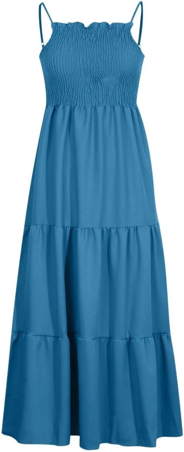 XOWRTE Women's Summer Maxi Dress 2025 Casual Boho Sleeveless Spaghetti Strap Smocked Tiered Long Beach Vacation Sundresses