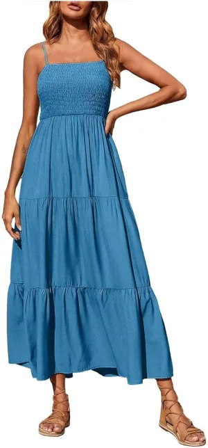 XOWRTE Women's Summer Maxi Dress 2025 Casual Boho Sleeveless Spaghetti Strap Smocked Tiered Long Beach Vacation Sundresses