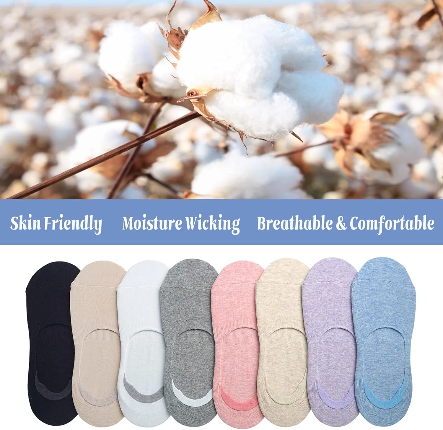 YEJIMONG No Show Socks Womens 8 Pairs Non Slip Thin Cotton Invisible Flat Boat Line Low Cut Socks